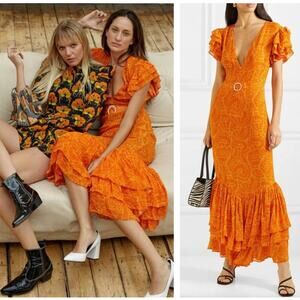 DE LA VALI Apolonia Ruffle Crystal Georgette Maxi Dress Orange Sz 12 NWT {FF13}